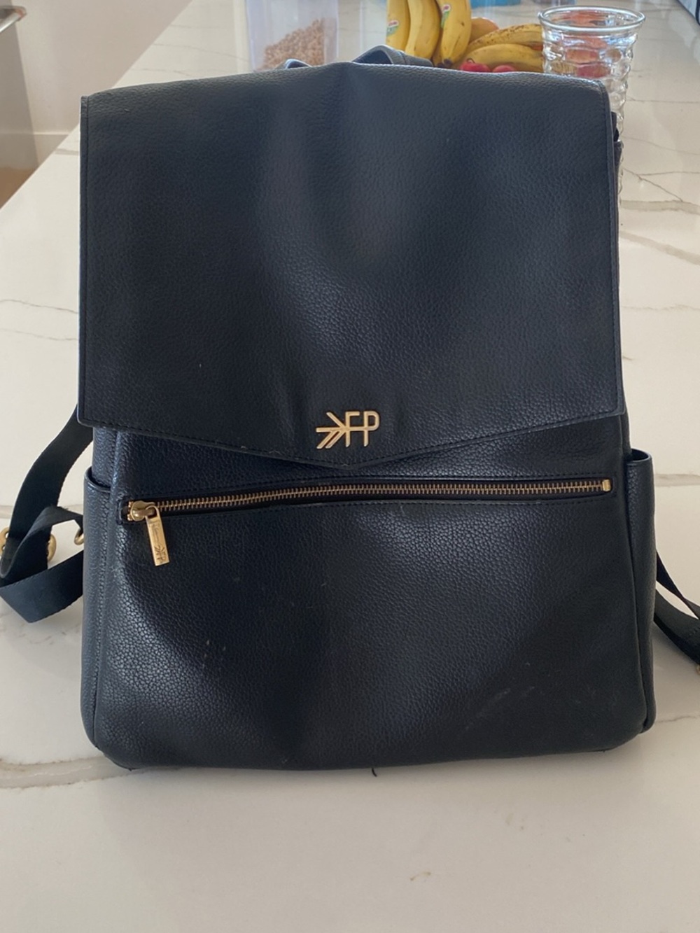 Freshly Picked Black Leather Baby Bag Backpack with Gold Hardware